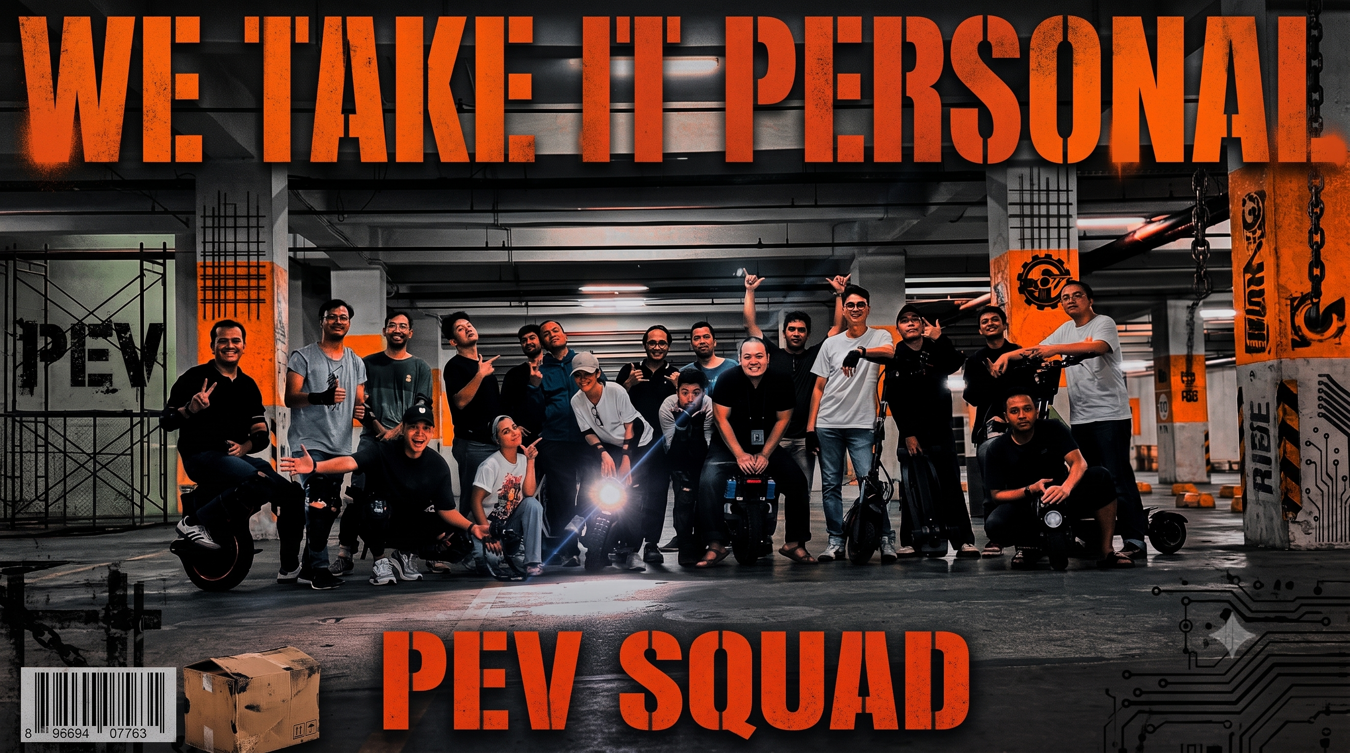 PEV Squad members and their EUCs and scooters gathered in a parking garage