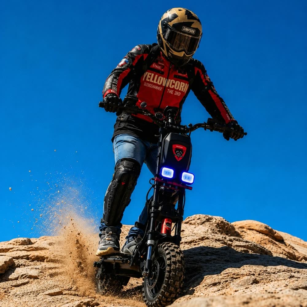 Rider cresting a dirt mound against a deep blue sky