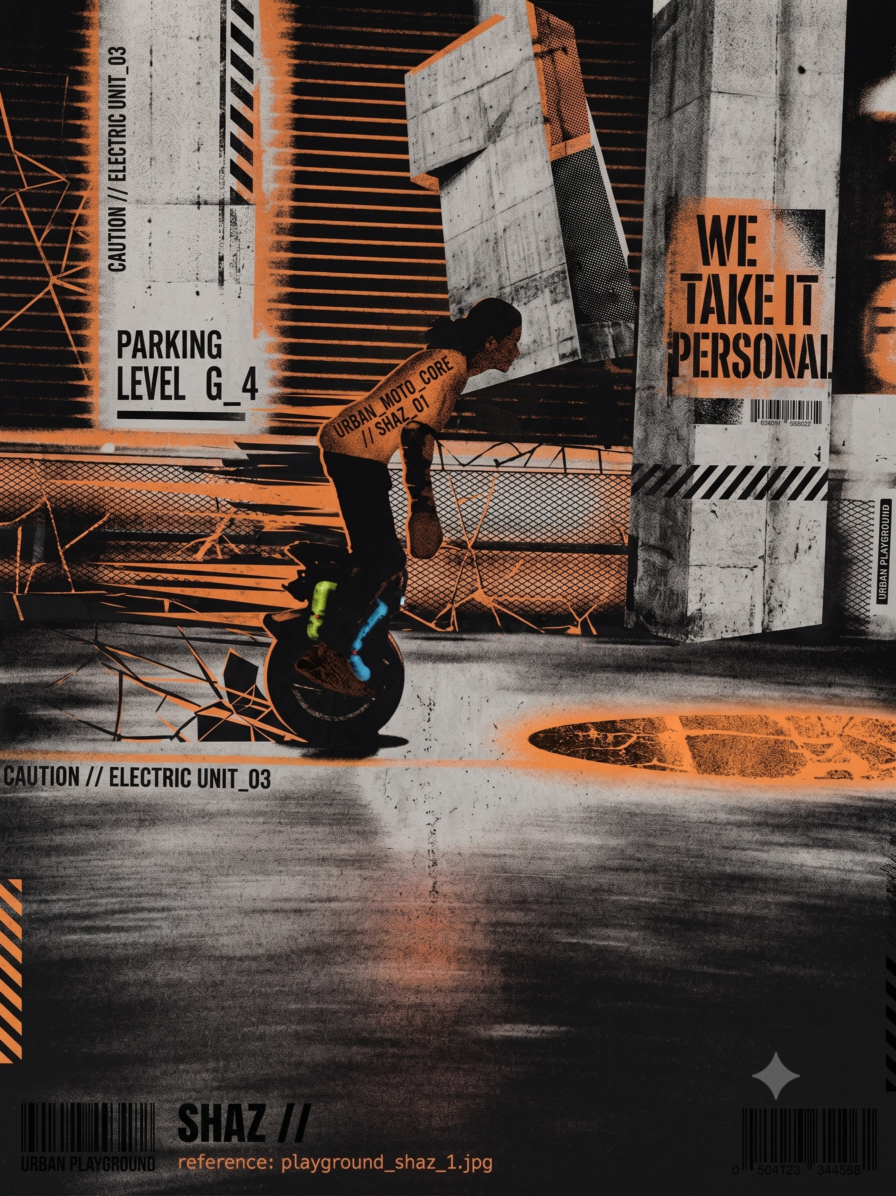 Urban Playground plate — Shaz riding an EUC on a parking level